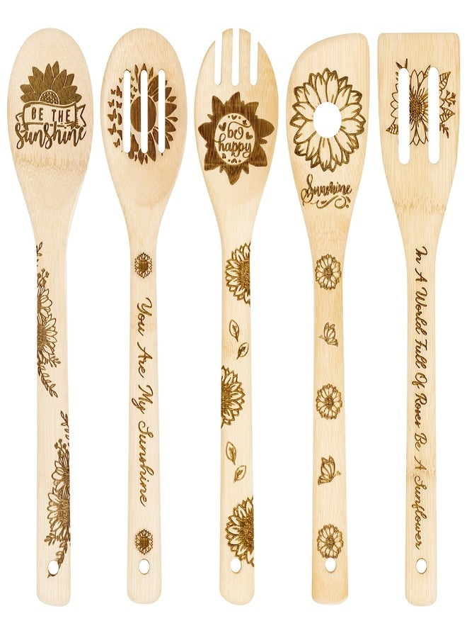 Eartim Sunflower Wooden Spoon Utensils - 5Pcs Summer Sunflower Theme Kitchen Cooking Utensil Set Natural Non-Stick Carve Burned Bamboo Cooking Spoon Slotted Spatulas Kitchen Tool Birthday Wedding Gift - Image 1